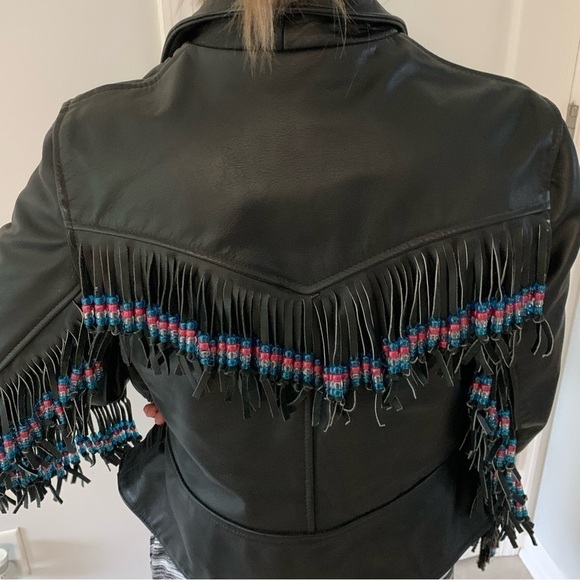 Vintage Black Leather Racer Motorcycle Lined Jacket‎ tassels beaded customized - Picture 5 of 16